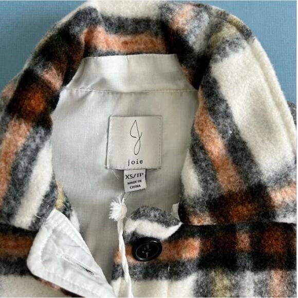 Joie Oversized Plaid Fuzzy Shacket Coat – Cream Brown Black Orange XS - Picture 2 of 3